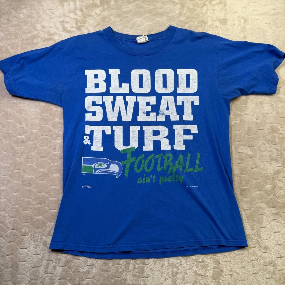 VTG Nutmeg Mills Seattle Seahawks NFL Blue Graphic 90s USA Made Sz XL WORN Faded